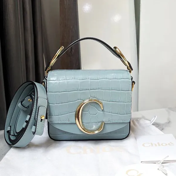 Túi Đeo Chéo Nữ Chloé Blue Croc Embossed Leather Mini C Top Handle Bag Màu Xanh Nhạt - Túi xách - Vua Hàng Hiệu