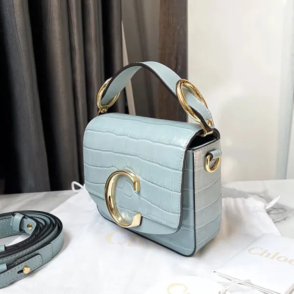 Túi Đeo Chéo Nữ Chloé Blue Croc Embossed Leather Mini C Top Handle Bag Màu Xanh Nhạt - Túi xách - Vua Hàng Hiệu