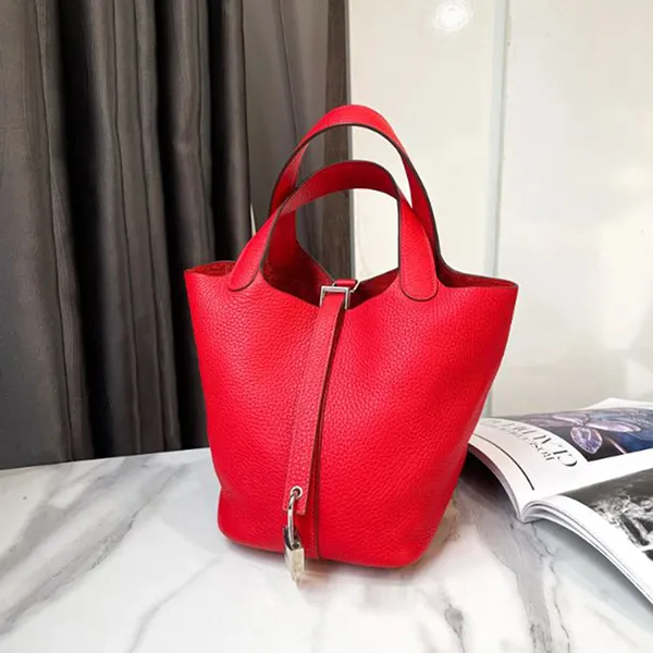 Túi Tote Nữ Hermès Picotin Lock P18 Handbag Clemence Leather Rouge Casaque Màu Đỏ