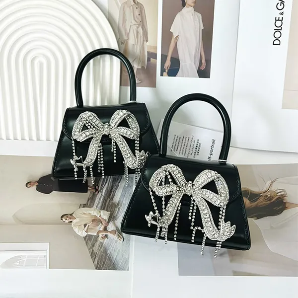 Túi Xách Tay Nữ Self-Portrait Mini Rhinestone Bow Leather Tote Bag Màu Đen