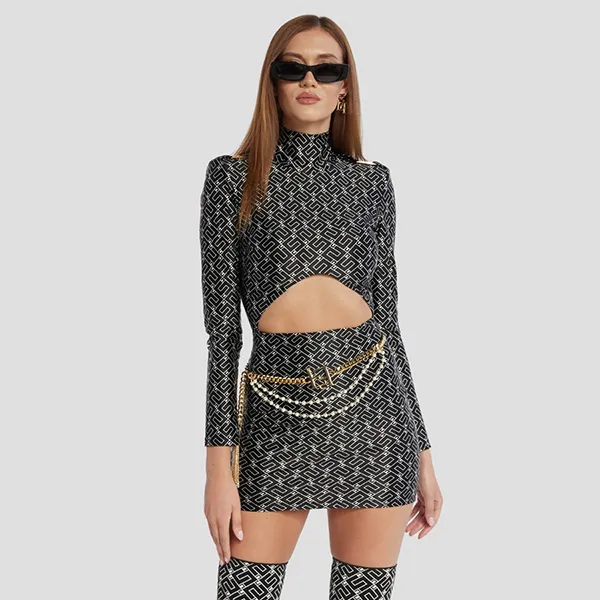 Váy Nữ Elisabetta Franchi Black With Logo Printed AB43736E2V400 Màu Đen