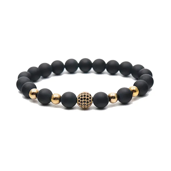 Vòng Đeo Tay Nam Viya Jewelry VJ-BRV129BG Premium Black Pave Ball Matt Onyx Natural Stone With Swaroski Charm Màu Đen Size 20.5cm