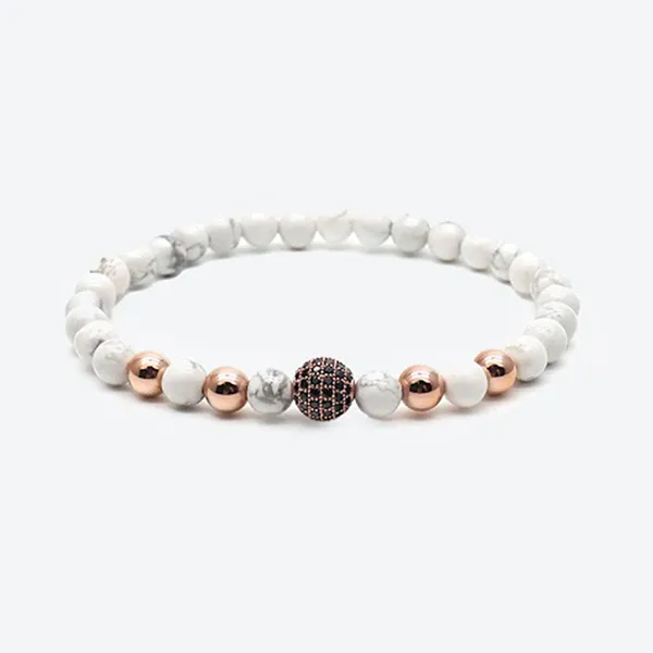 Vòng Đeo Tay Nam Viya Jewelry VJ-BRV129W Premium White Pave Ball Natural Stone With Rose Gold Swaroski Charm Màu Trắng Size 20.5cm