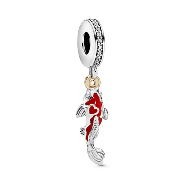 Set Vòng Đeo Tay + Hạt Vòng Charm Nữ Pandora Red Enamel Lucky Koi Fish Charms Pendant Fit Silver Bracelet Màu Bạc Size 17