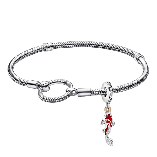 Set Vòng Đeo Tay + Hạt Vòng Charm Nữ Pandora Red Enamel Lucky Koi Fish Charms Pendant Fit Silver Bracelet Màu Bạc Size 17