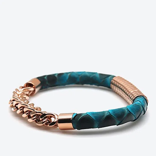 Vòng Đeo Tay Nữ Viya Jewelry VJPT-21TR Genuine Blue Python Leahter With Rose Gold Chains, 316L Stainless Steel Màu Xanh Size 17.5cm
