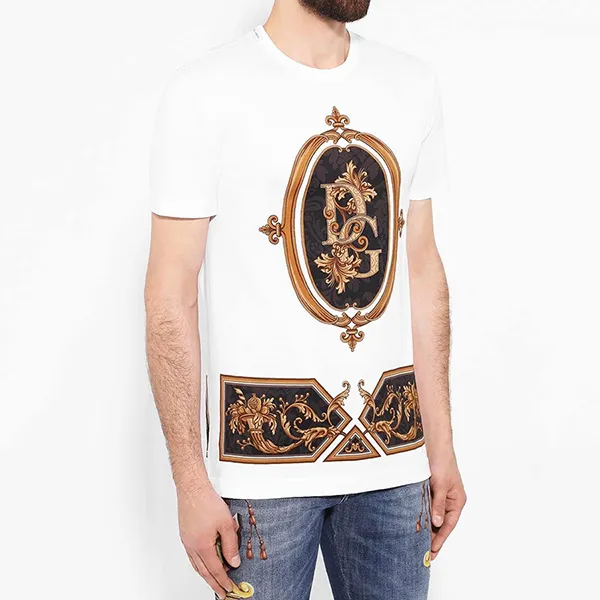 Áo Phông Nam Dolce & Gabbana D&G Baroque Logo G8KBAT Tshirt Màu Trắng Size 44