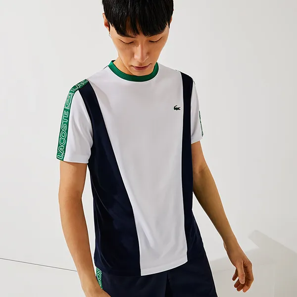 Áo Phông Nam Lacoste Men's Lacoste Sport Branded Bands Pique T-shirt TH0855 Màu Trắng/Xanh Size 3