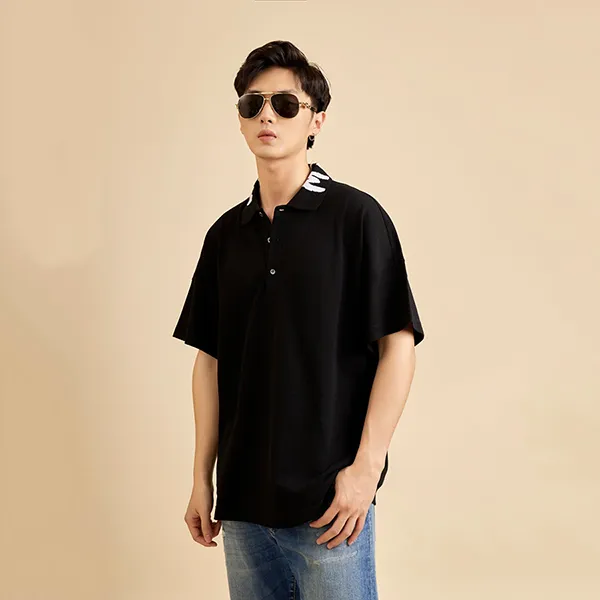 Áo Polo Nam Alexander McQueen Black With Graffiti Logo Collar 705016 QTX33 1000 Màu Đen Size M