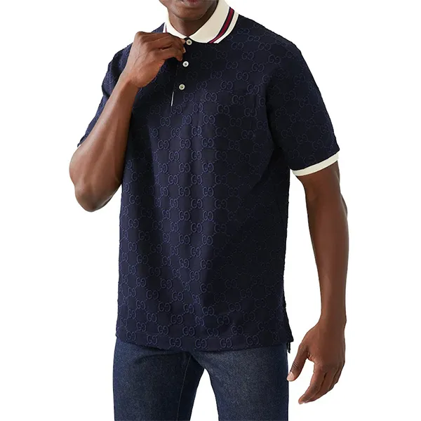 Áo Polo Nam Gucci GG Embroidery Cotton Shirt 768631 Màu Xanh Navy Size S
