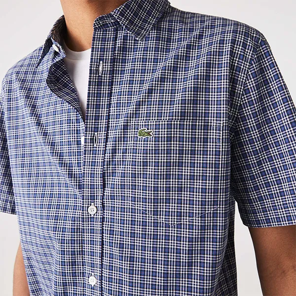 Áo Sơ Mi Cộc Tay Nam Lacoste Regular Fit Cotton Shirt CH2765 A10 Màu Kẻ Xanh Caro Size 39