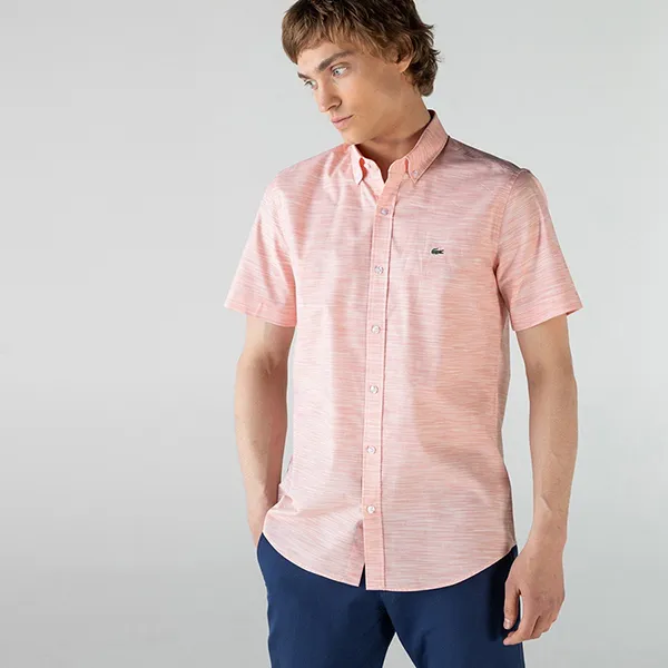 Áo Sơ Mi Cộc Tay Nam Lacoste Slim Fit Men's Shirt Short Sleeve CH0132K Màu Hồng Cam Size 39