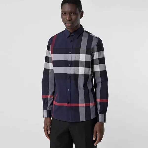 Áo Sơ Mi Nam Burberry Check Stretch Poplin Long Sleeved Shirt 80181111 Màu Xanh Navy Size M