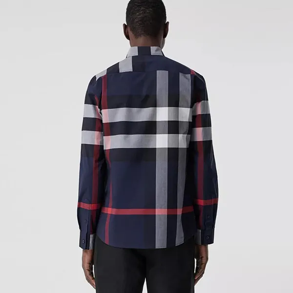 Áo Sơ Mi Nam Burberry Check Stretch Poplin Long Sleeved Shirt 80181111 Màu Xanh Navy Size M