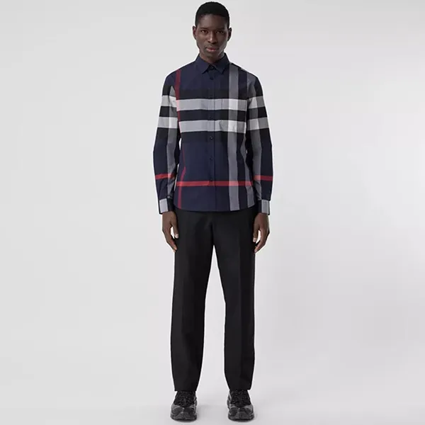 Áo Sơ Mi Nam Burberry Check Stretch Poplin Long Sleeved Shirt 80181111 Màu Xanh Navy Size M
