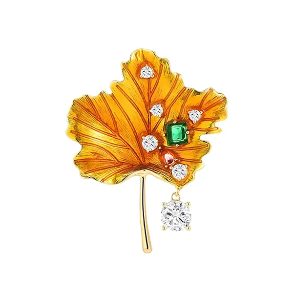 Cài Áo Nữ Meri Lá Ginko Khảm Đá Sang Trọng BR584 Màu Vàng