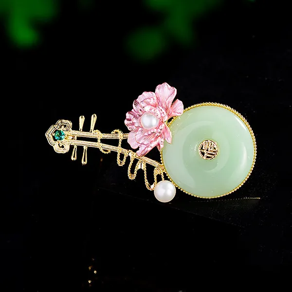 Cài Áo Nữ Meri Đàn Tỳ Bà Và Hoa Hải Đường BR669 Màu Xanh Hồng