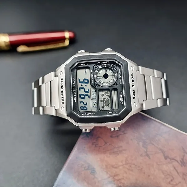 Đồng Hồ Nam Casio World Time AE-1200WHD-1AVDF Màu Bạc Đen - Đồng hồ - Vua Hàng Hiệu