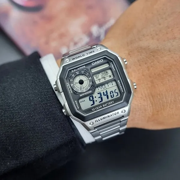 Đồng Hồ Nam Casio World Time AE-1200WHD-1AVDF Màu Bạc Đen - Đồng hồ - Vua Hàng Hiệu