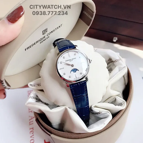Đồng Hồ Nữ Frederique Constant Slimline Moonphase FC-206MPWD1S6 Màu Xanh Trắng