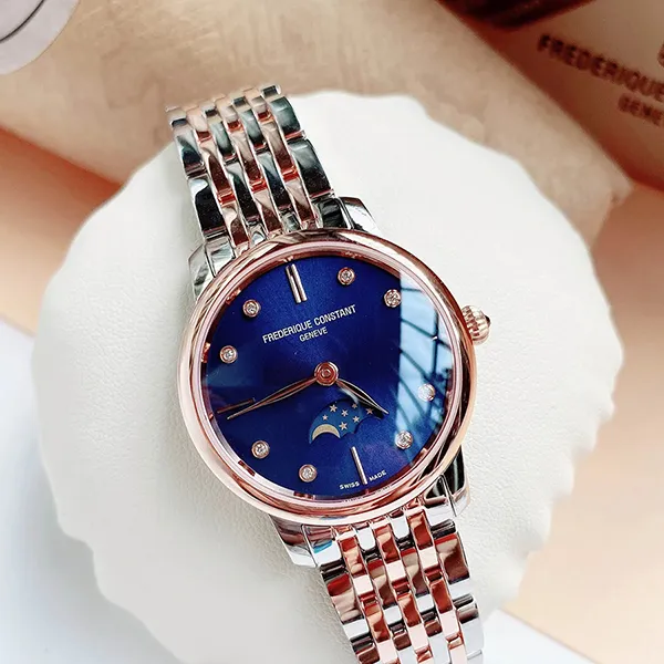 Đồng Hồ Nữ Frederique Constant Slimline Moonphase FC-206ND1S2B Màu Xanh/ Vàng Hồng