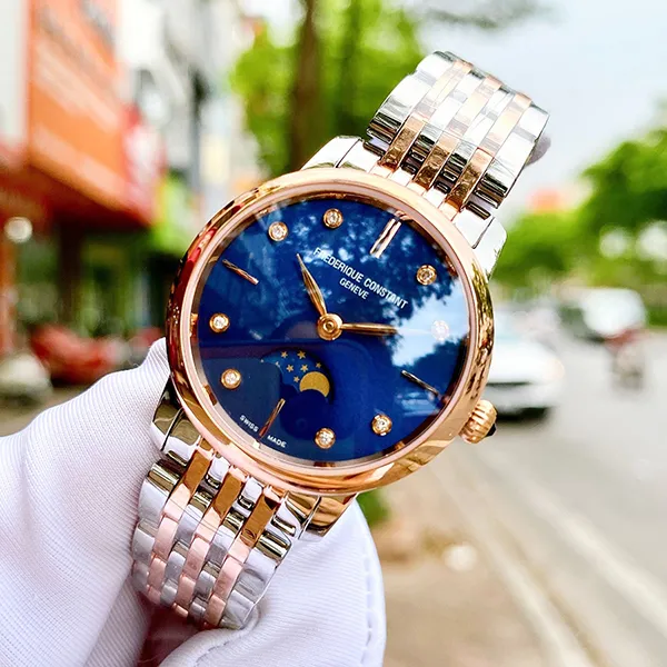Đồng Hồ Nữ Frederique Constant Slimline Moonphase FC-206ND1S2B Màu Xanh/ Vàng Hồng