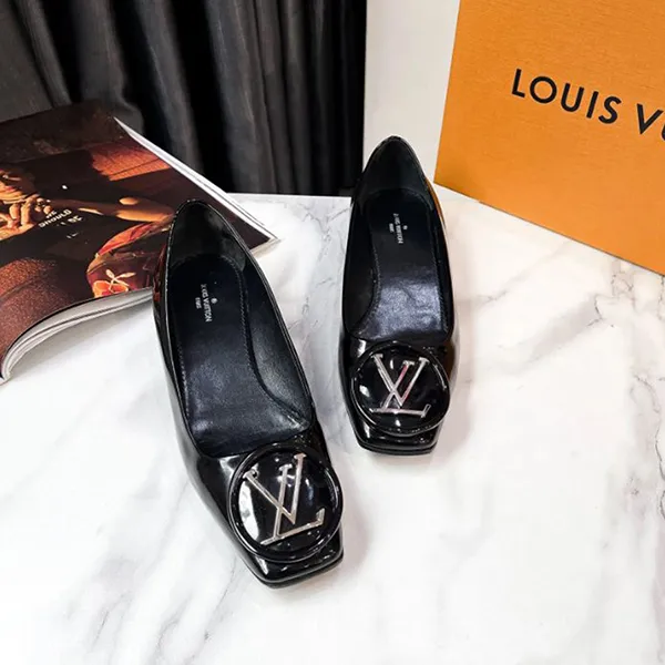 Giày Cao Gót Nữ Louis Vuitton LV Black Patent Leather Madeleine Block Heel Pumps Màu Đen Size 35