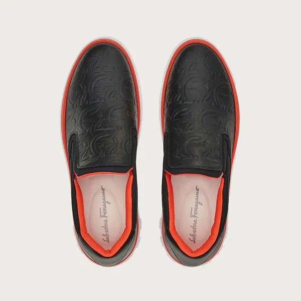 Giày Slip On Nam Salvatore Ferragamo Gancini Slip Ons In Black Leather 020662-750054 Màu Đen Phối Cam Size 6 - Giày - Vua Hàng Hiệu