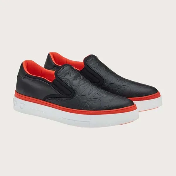 Giày Slip On Nam Salvatore Ferragamo Gancini Slip Ons In Black Leather 020662-750054 Màu Đen Phối Cam Size 6 - Giày - Vua Hàng Hiệu