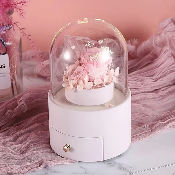 Hộp Quà Tặng Đựng Trang Sức Xoay Tự Động Đèn Led Hoa Hồng Sáp LiLi Jewelry LILI_865346 Màu Hồng