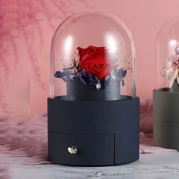 Hộp Quà Tặng Đựng Trang Sức Xoay Tự Động Đèn Led Hoa Hồng Sáp LiLi Jewelry LILI_865346 Màu Xanh Đậm