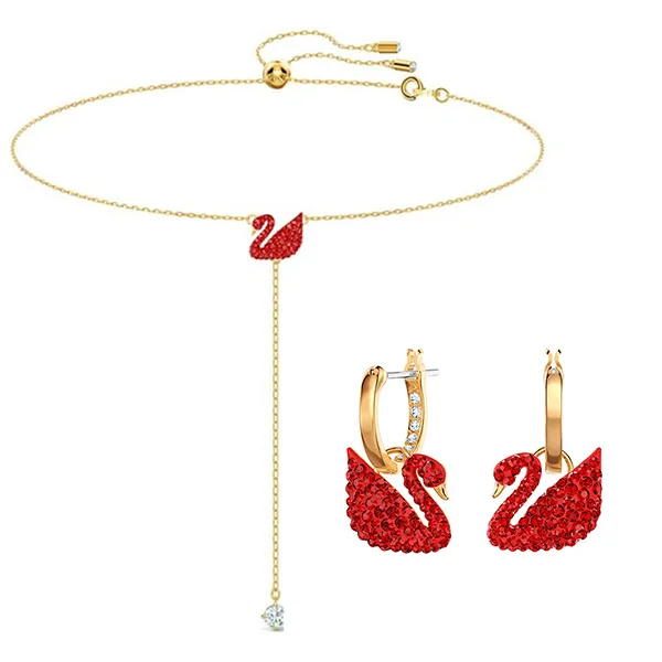 Combo Dây Chuyền + Khuyên Tai Nữ Swarovski Iconic Swan 5527408/5529969 Màu Vàng Đỏ
