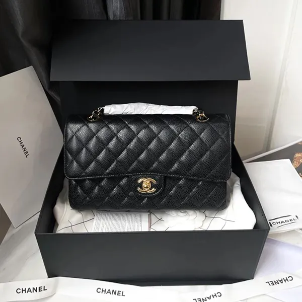 Túi Đeo Chéo Nữ Chanel Quilted Caviar Medium Classic Double Flap Gold Hardware Black Màu Đen - 3