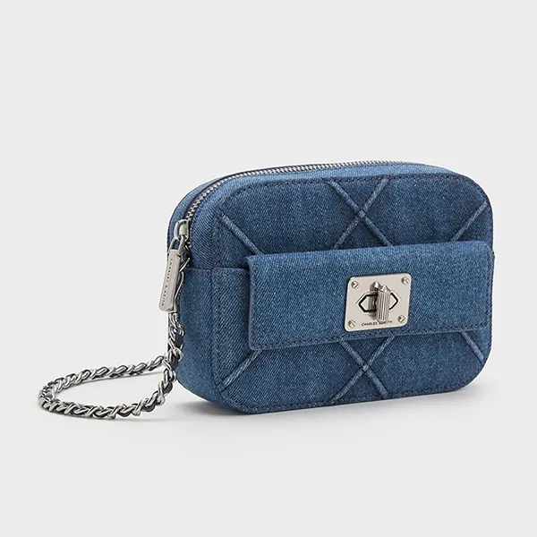 Túi Đeo Chéo Nữ Charles & Keith CNK Eleni Denim Quilted Zip Crossbody Bag 80671632 Màu Xanh Denim