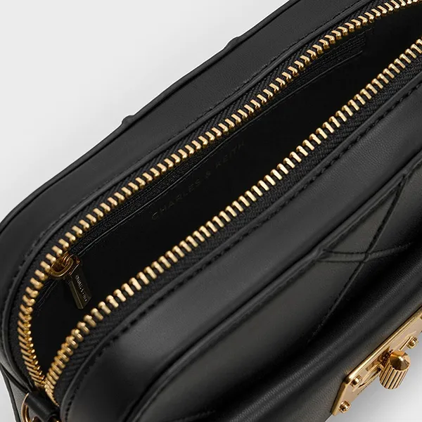 Túi Đeo Chéo Nữ Charles & Keith CNK Eleni Quilted Zip Crossbody Bag Black 80671632 Màu Đen