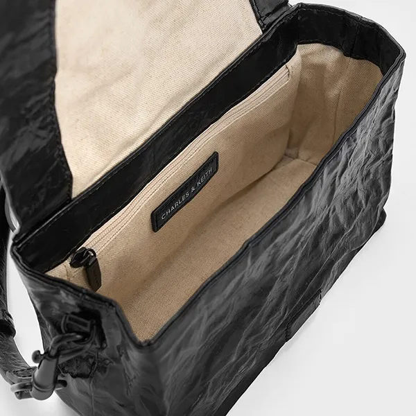 Túi Đeo Chéo Nữ Charles & Keith CNK Matina Crinkle Effect Crossbody Bag Jet Black 80782348 Màu Đen