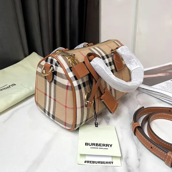 Túi Xách Nữ Burberry Women's Black Beige Mini Check Bowling Bag 80713571 Màu Be Kẻ