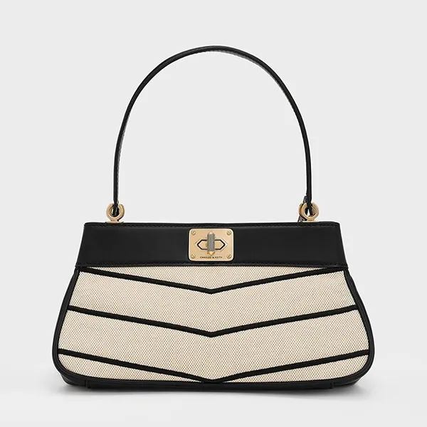 Túi Xách Nữ Charles & Keith CNK Eleni Canvas Chevron Shoulder Bag Multi 50671630-1 Màu Be Đen