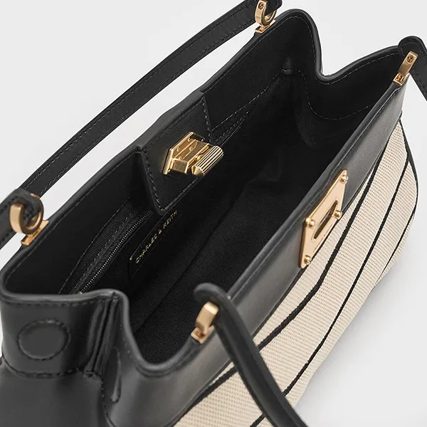Túi Xách Nữ Charles & Keith CNK Eleni Canvas Chevron Shoulder Bag Multi 50671630-1 Màu Be Đen