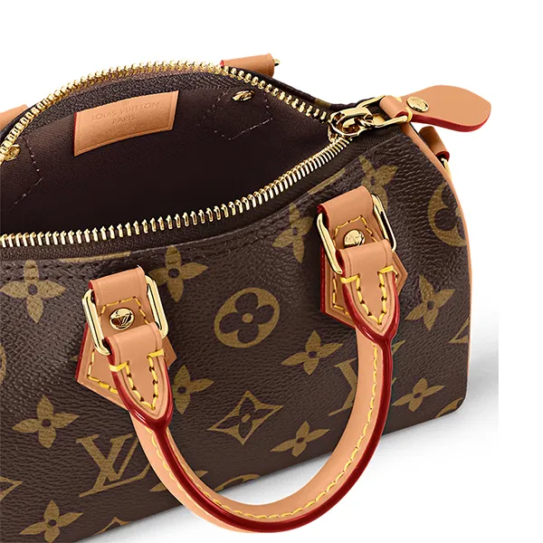 Túi Xách Nữ Louis Vuitton LV Nano Speedy Handbag Strap In Brown Canvas M81085 Màu Nâu Đen