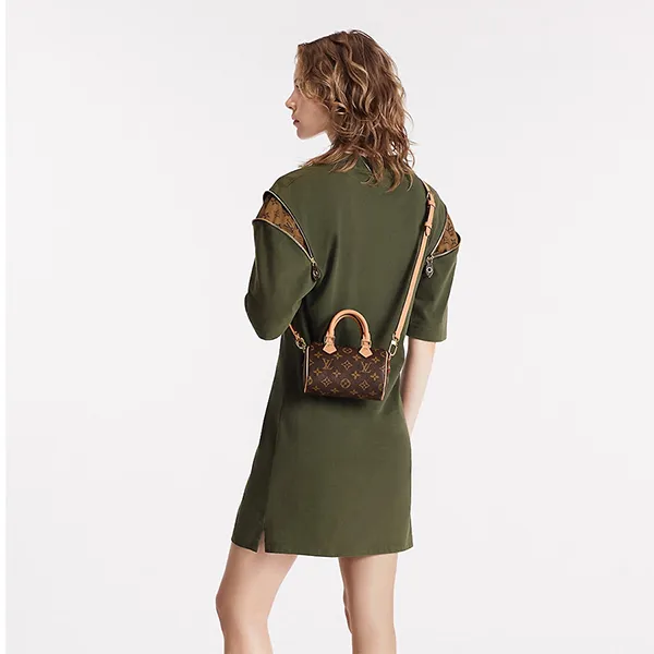 Túi Xách Nữ Louis Vuitton LV Nano Speedy Handbag Strap In Brown Canvas M81085 Màu Nâu Đen