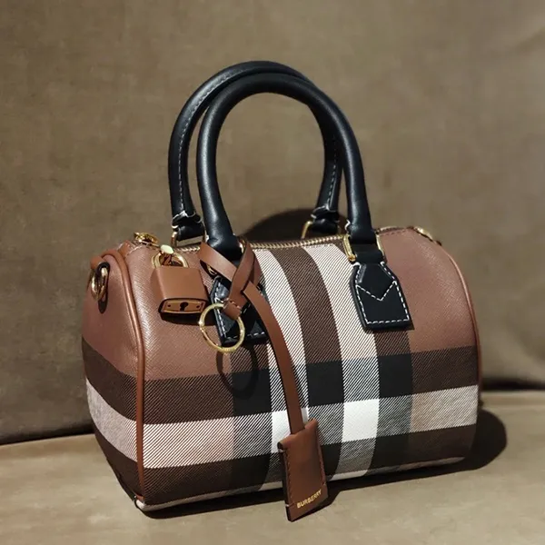 Túi Xách Tay Nữ Burberry Mini Check Bowling Bag Màu Nâu Đậm