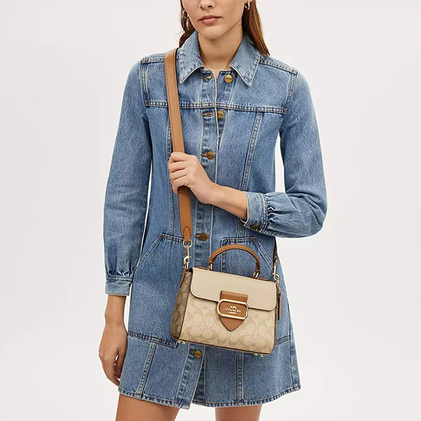 Túi Xách Tay Nữ Coach Morgan Top Handle In Blocked Signature Canvas CR327 Màu Kem Nâu