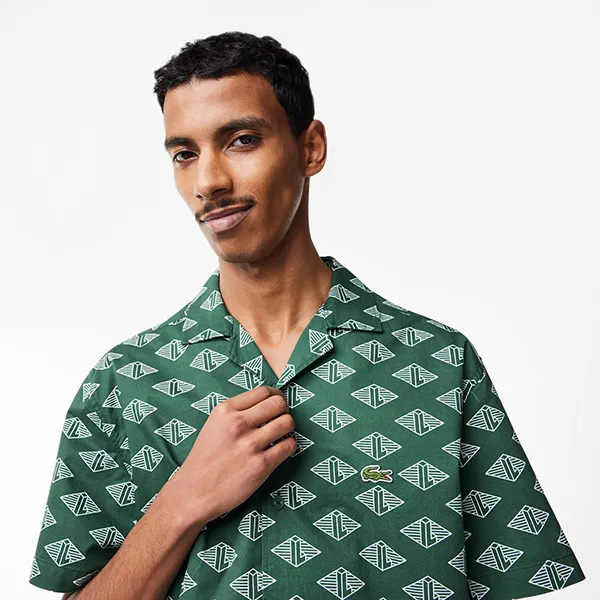 Áo Sơ Mi Cộc Tay Nam Lacoste Men's Short Sleeve Monogram Shirt CH7882-51 Màu Xanh Green Size 38 - 3