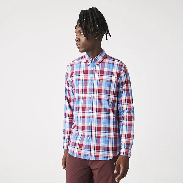 Áo Sơ Mi Dài Tay Nam Lacoste Men's Checked Stretch Cotton Shirt CH9041-52G Kẻ Caro Xanh Đỏ Size 38