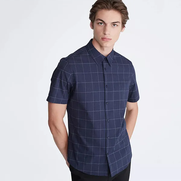 Áo Sơ Mi Nam Calvin Klein CK Men's Slim Fit Tonal Windowpane Short Sleeve Màu Xanh Navy Size XS - 3