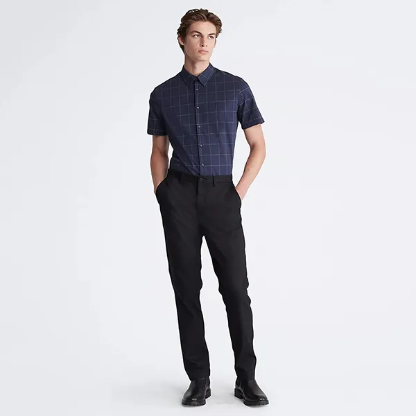 Áo Sơ Mi Nam Calvin Klein CK Men's Slim Fit Tonal Windowpane Short Sleeve Màu Xanh Navy Size XS - 1