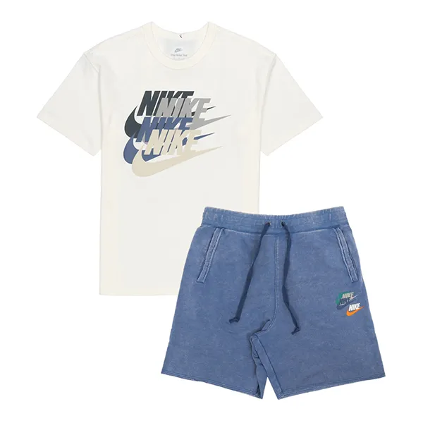 Bộ Quần Áo Cộc Tay Nam Nike Athleisure Casual Sports Logo Printing Màu Trắng Phối Xanh Size M