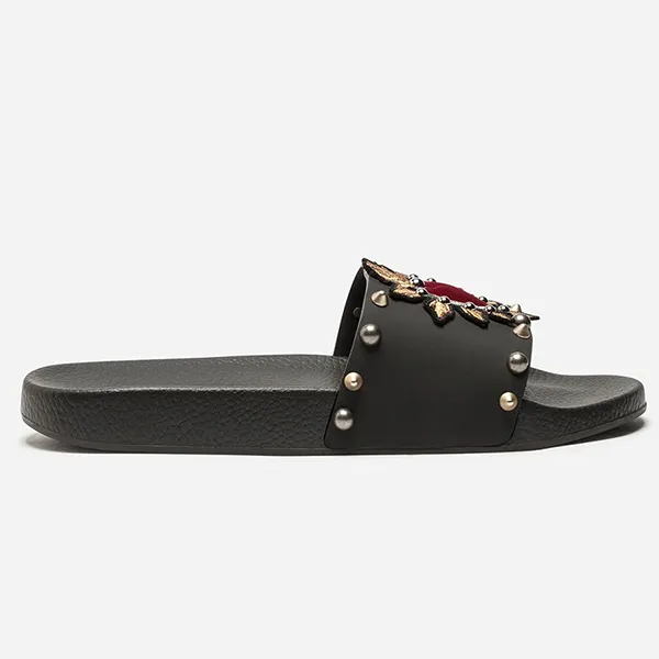 Dép Dolce & Gabbana D&G Slippers In Rubber And Calfskin With Heart Patches Màu Đen Size 39
