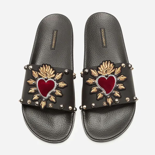 Dép Dolce & Gabbana D&G Slippers In Rubber And Calfskin With Heart Patches Màu Đen Size 39